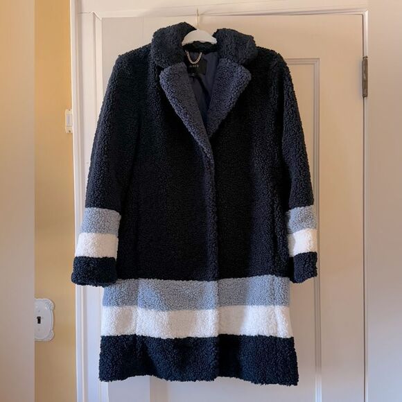 J. Crew Navy sherpa single button topcoat with blue colorblock details NWOT M - Picture 1 of 15